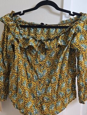 J. Crew Yellow and Green Floral Ruffle Off-the-Shoulder Top
